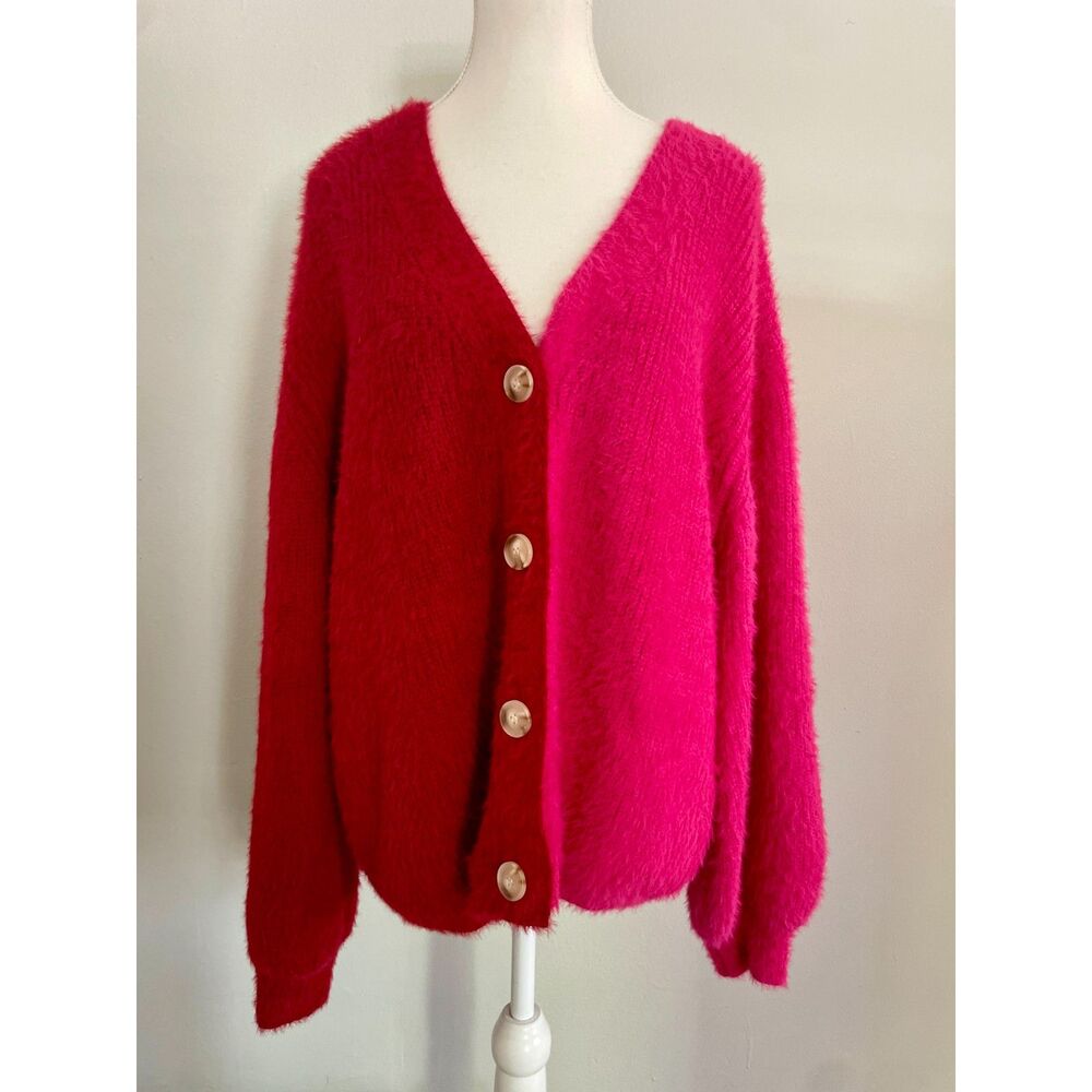 Anthropologie Entro Fuzzy Eyelash Cardigan Colorblock Red Pink Size S Oversized